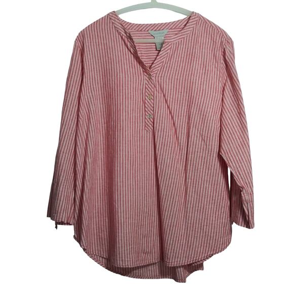 Multiples Linen Blend Striped Print Band Collar 3/4 Roll-Tab Sleeve Top Size L - Picture 1 of 5